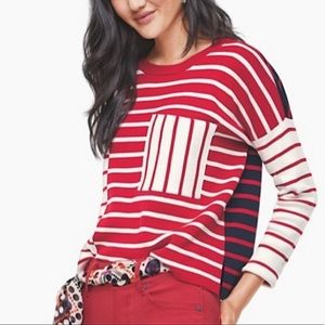 Cabi 5635 Pocket Pullover Red, White & Black Striped Sweater (M)